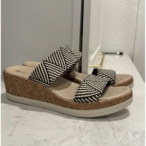 Bzees For Lifestride Resort Raffia Wedge Sandals Women's Sz 10 Black White Beige